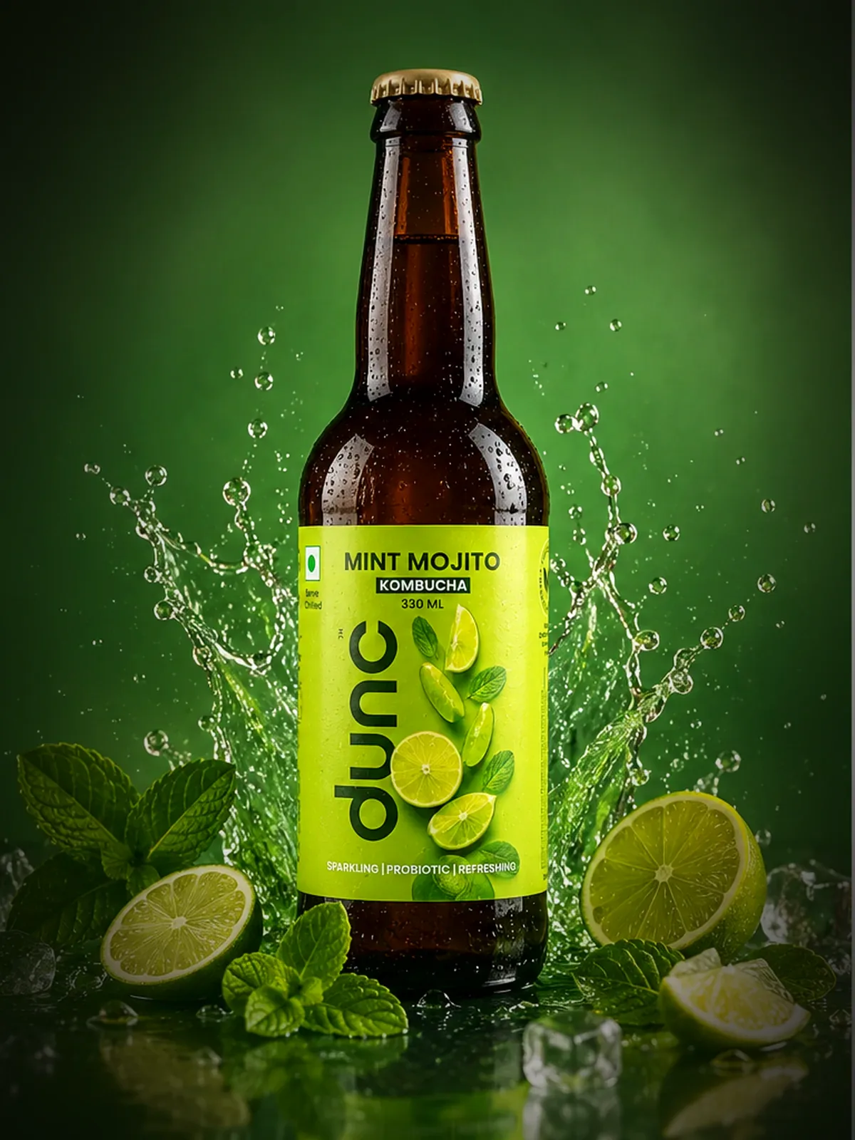 DUNC Mint Mojito — 330ml sparkling kombucha bottle photography