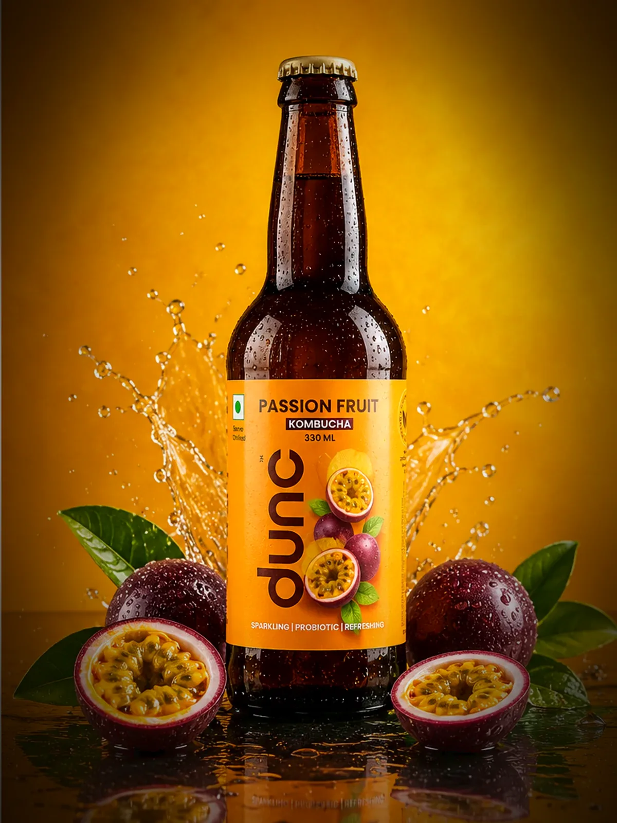 DUNC Passion Fruit — 330ml sparkling kombucha bottle photography